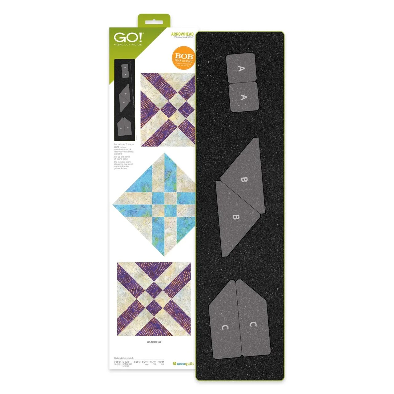 AccuQuilt GO! Arrowhead 9" Finished Quilt Block Die – Block on Board (BOB) Fabric Cutting Die, Requires 6" x 24" Cutting Mat